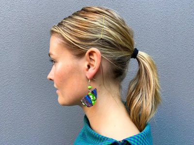 Lady wearing Retro Vintage Earrings green and blue