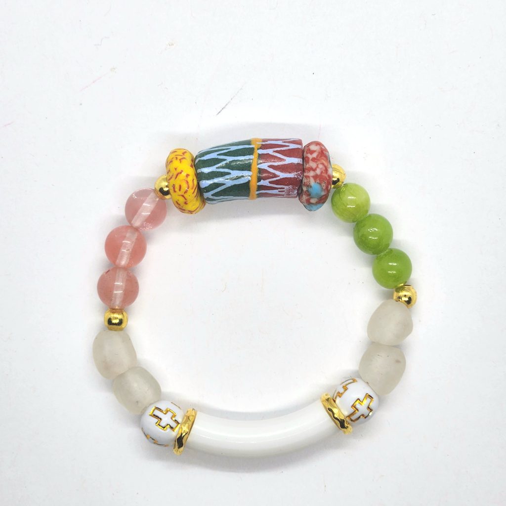 Image of Handmade Bracelet with Recycled Glass Bead and natural stone beads mix. Unique beaded jewelry, pink and lemon green and white colours by Akos Creative