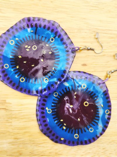 Large Resin Earrings Australia – Handmade A pair of large Statement Resin Jewellery with Ankara Fabric by Akos Creative Melbourne