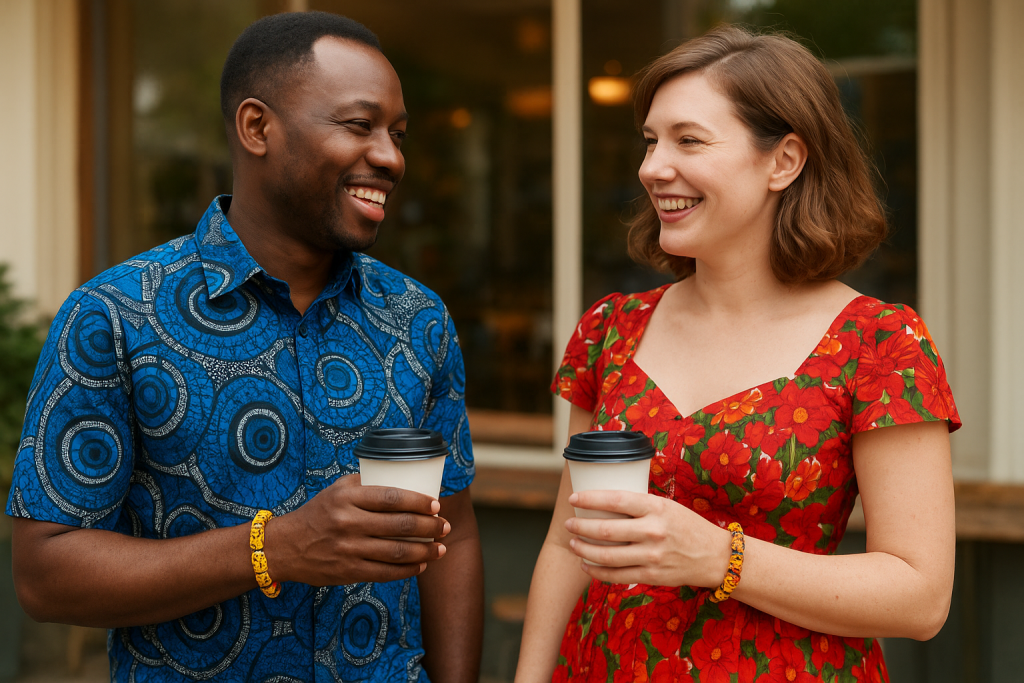 Photo of an African man and Australian woman on date wearing colourful beads bracelets