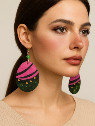 Image of woman wearing a pair of pink and green dangle earrings in ankara fabric made waterproof using resin art.
