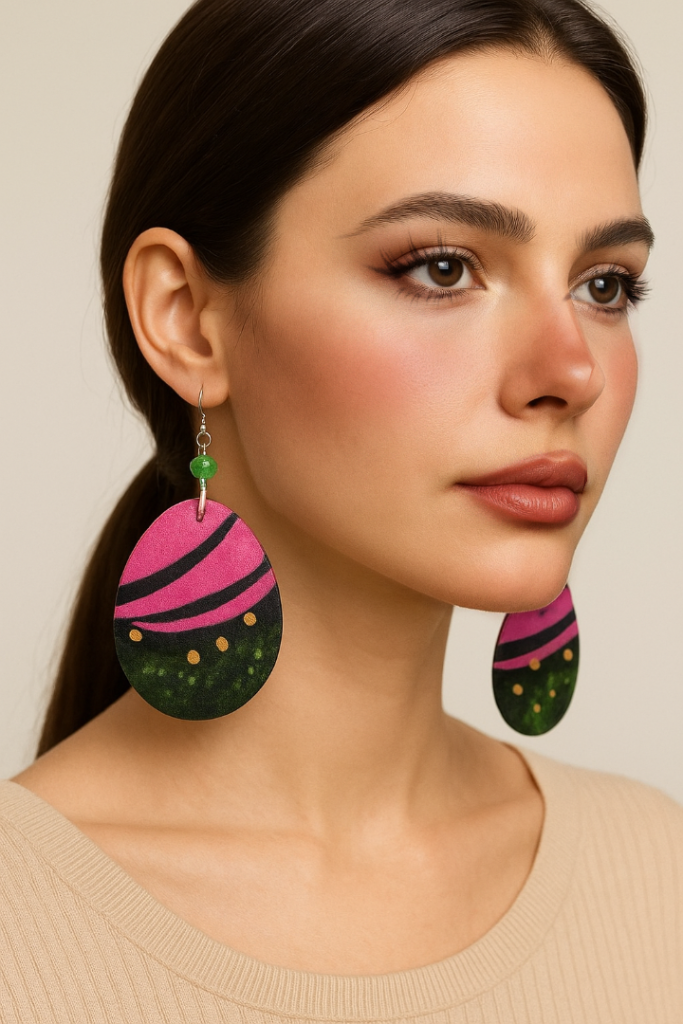 Image of woman wearing a pair of pink and green dangle earrings in ankara fabric made waterproof using resin art.